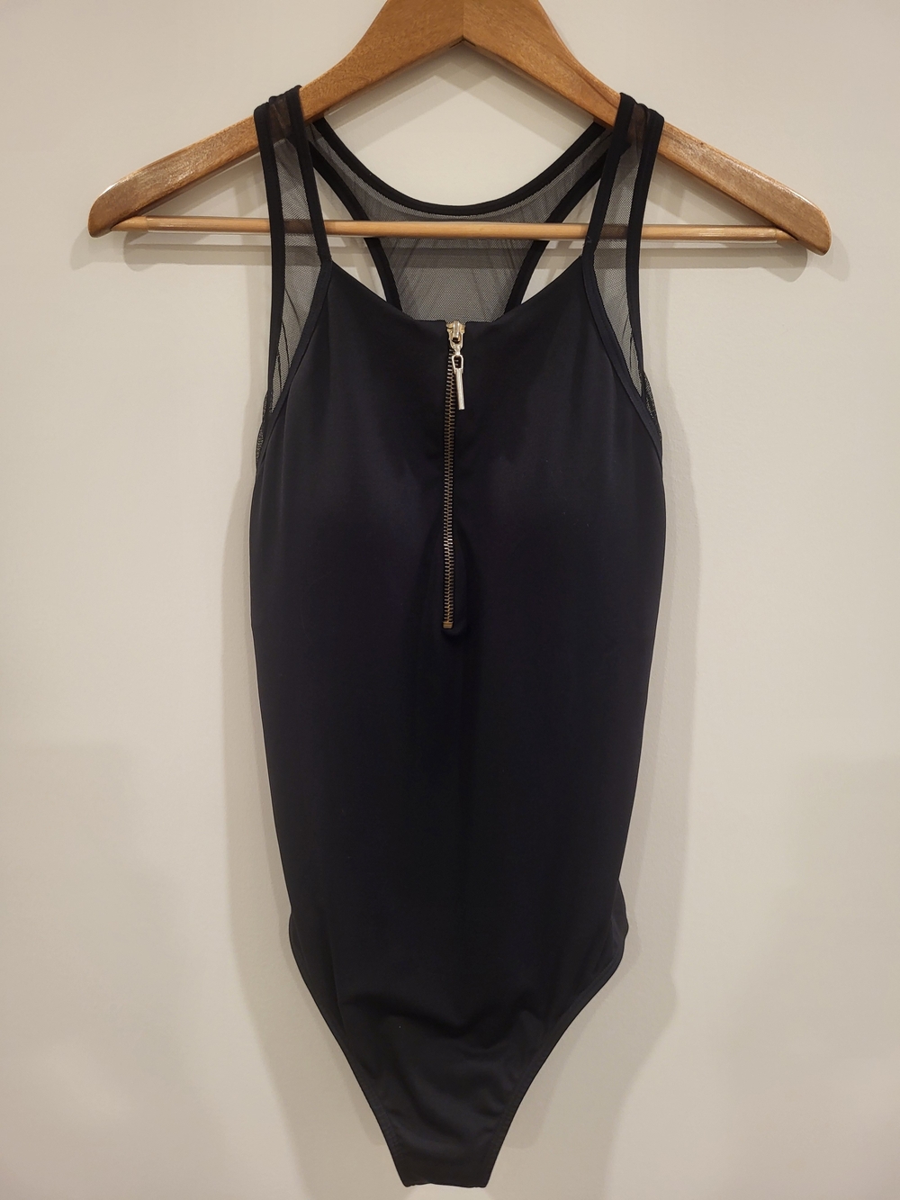 Leonisa Front Zip Sheer Mesh Racerback One Piece Swimsuit Black Size 14